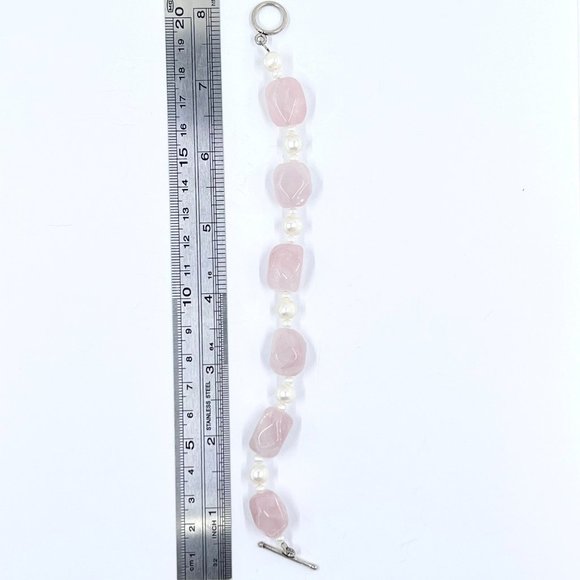 Rose Quartz Nugget & Freshwater Pearl Silver Tone Toggle Clasp 8” Bracelet - Picture 5 of 6